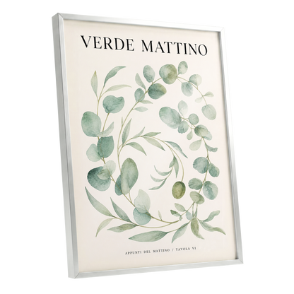 Morning Verde Study, green, beige, black nature wall art shown as a silver framed poster wall art print