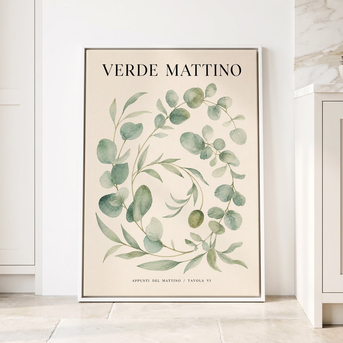 Morning Verde Study, green, beige, black nature wall art displayed in a styled interior, gallery view 1