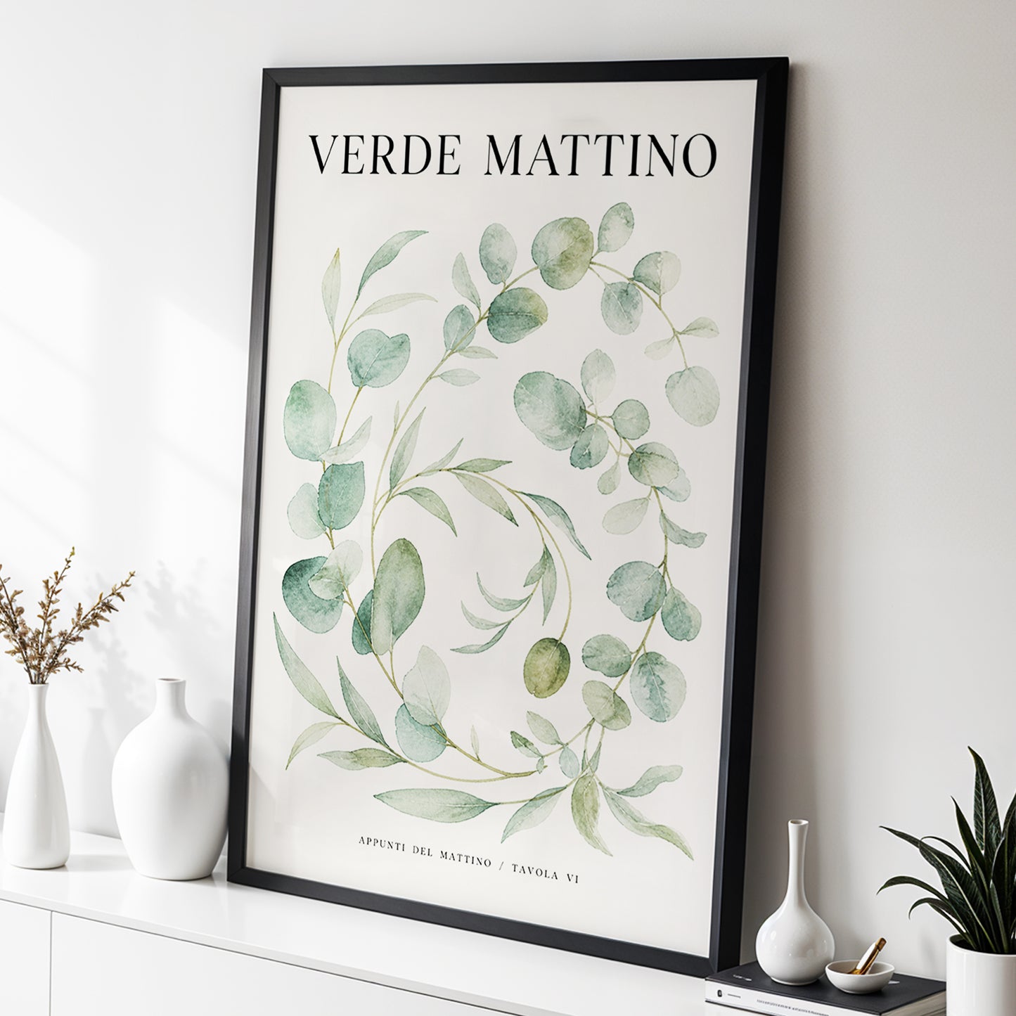 Morning Verde Study, green, beige, black nature wall art displayed in a styled interior, gallery view 3