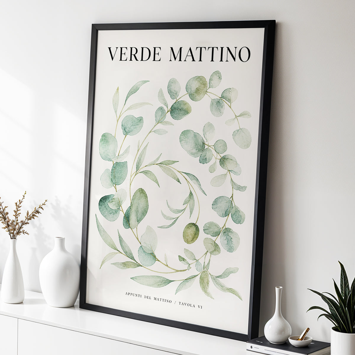 Morning Verde Study, green, beige, black nature wall art displayed in a styled interior, gallery view 3