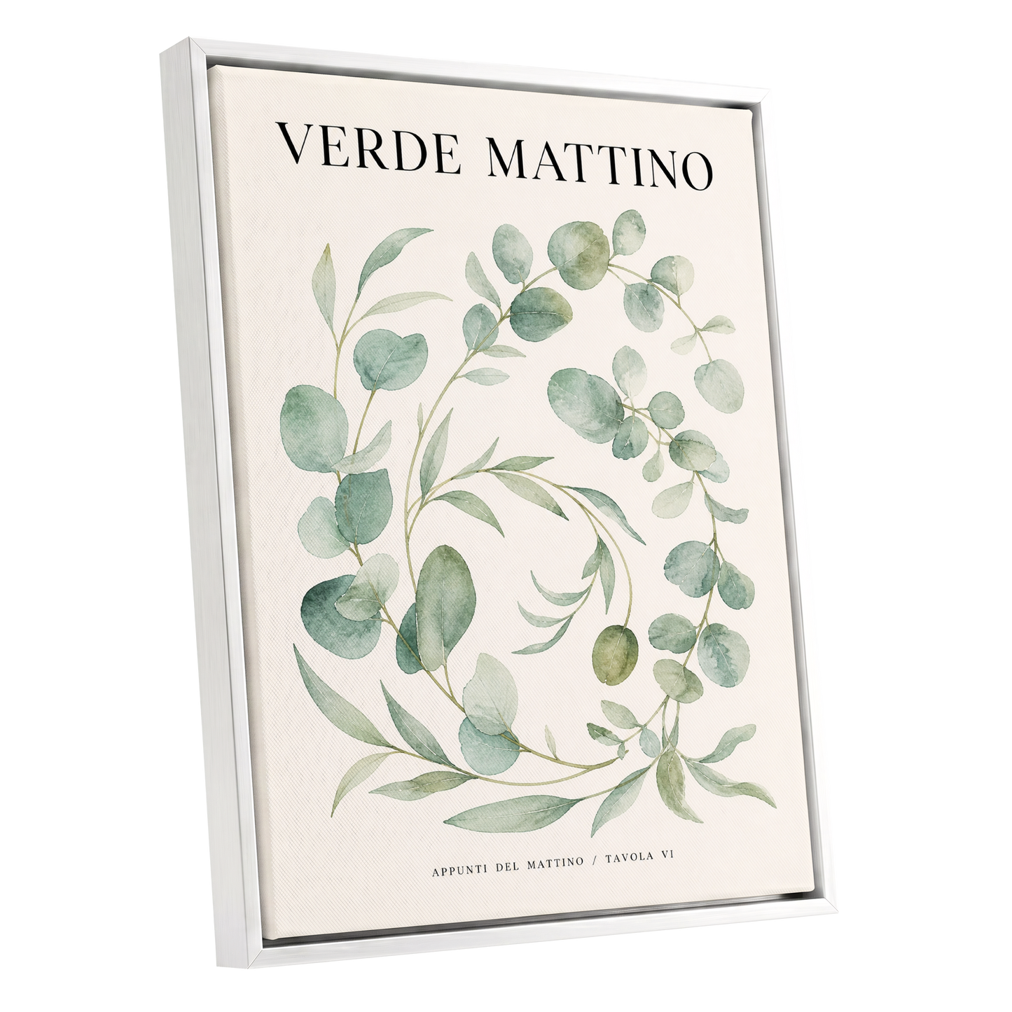 Morning Verde Study, green, beige, black nature wall art shown as a white framed canvas wall art