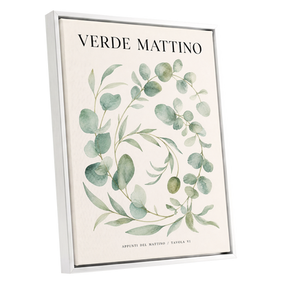 Morning Verde Study, green, beige, black nature wall art shown as a white framed canvas wall art