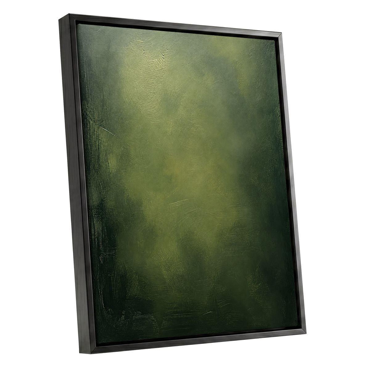 Mosslight Veil, green, black, gray abstract wall art shown as a black framed canvas wall art