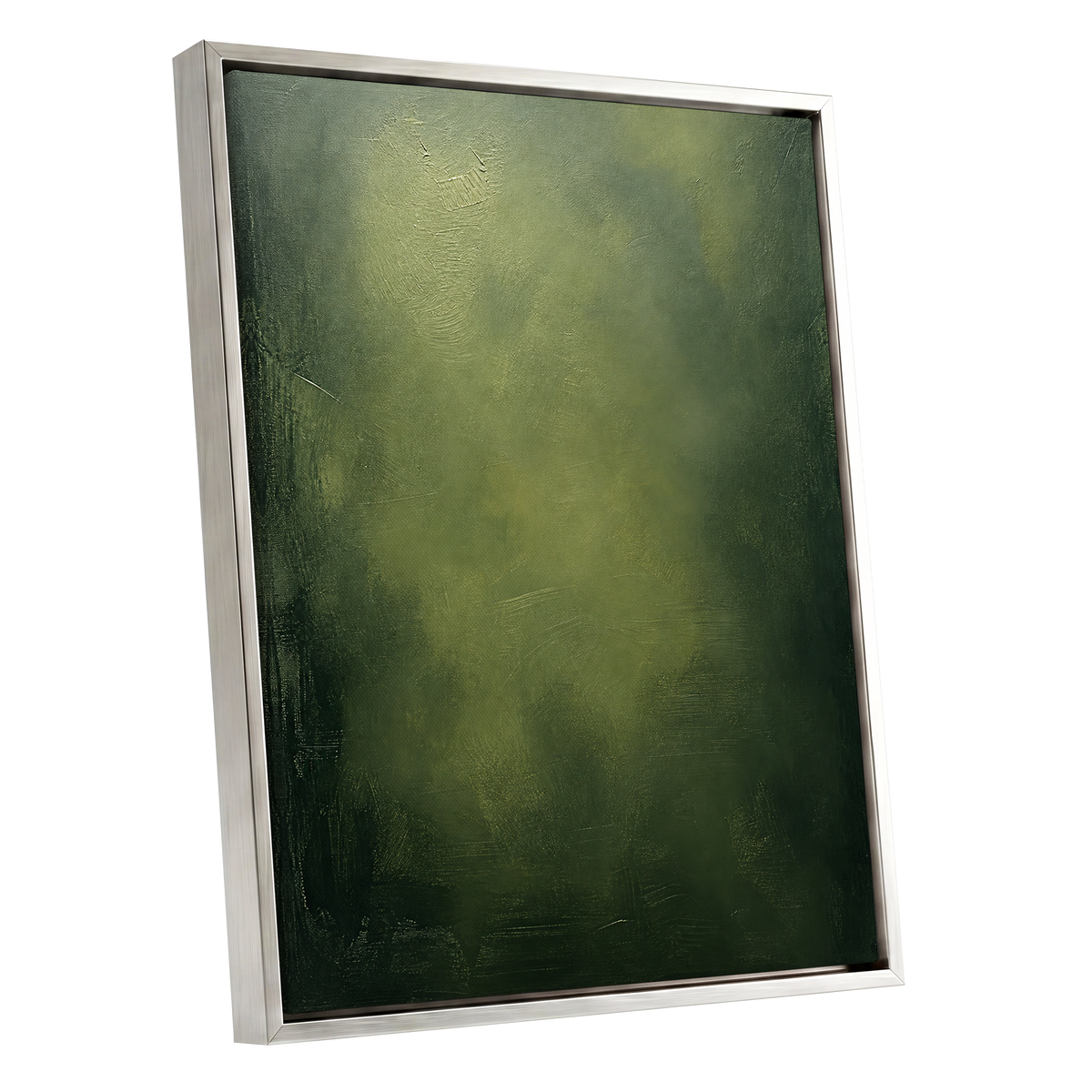Mosslight Veil, green, black, gray abstract wall art shown as a silver framed canvas wall art