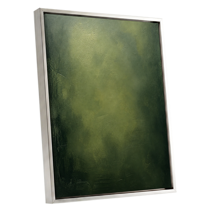 Mosslight Veil, green, black, gray abstract wall art shown as a silver framed canvas wall art