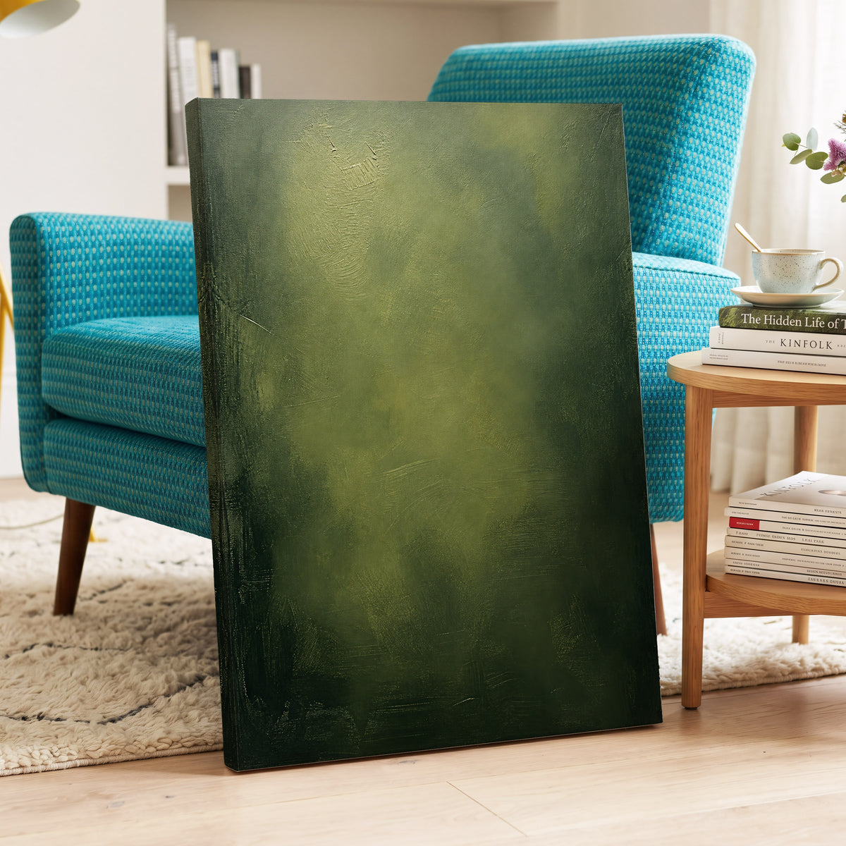 Mosslight Veil, green, black, gray abstract wall art displayed in a styled interior, gallery view 3