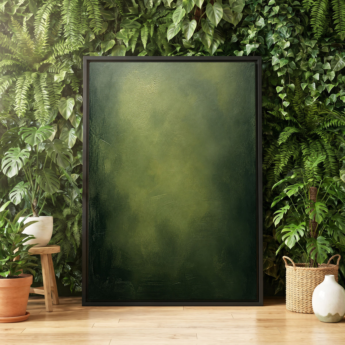 Mosslight Veil, green, black, gray abstract wall art displayed in a styled interior, gallery view 4