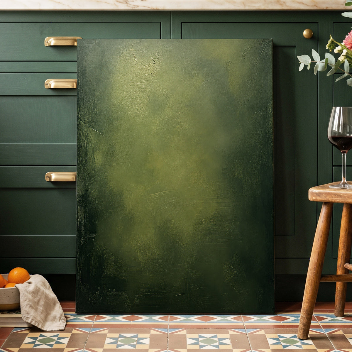 Mosslight Veil, green, black, gray abstract wall art displayed in a styled interior, gallery view 7