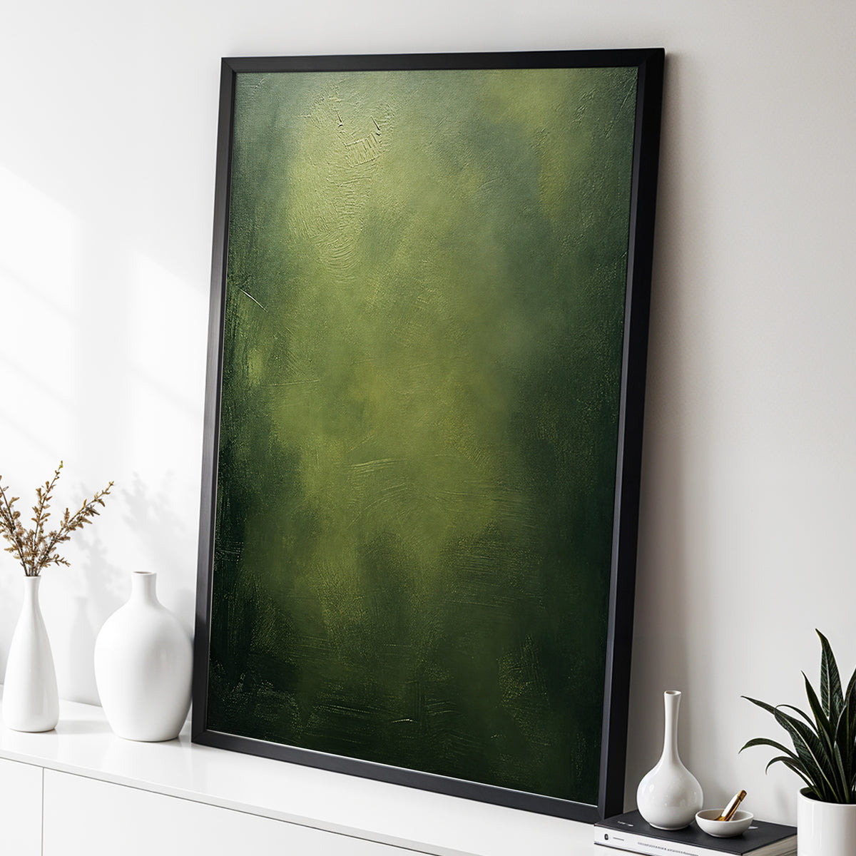 Mosslight Veil, green, black, gray abstract wall art displayed in a styled interior, gallery view 9