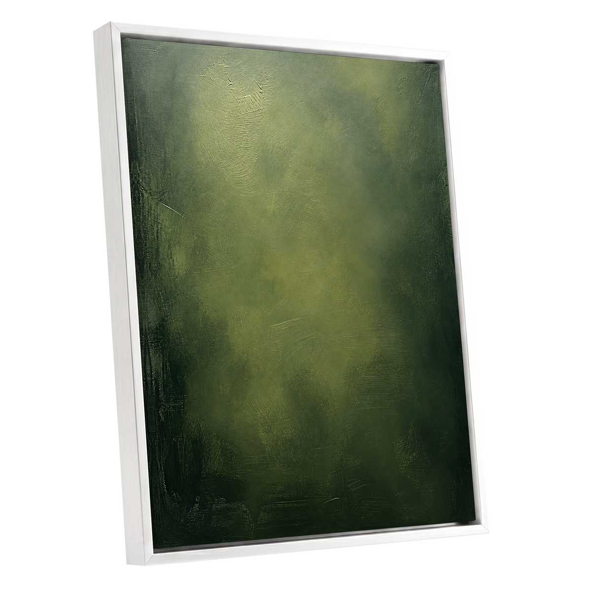 Mosslight Veil, green, black, gray abstract wall art shown as a white framed canvas wall art
