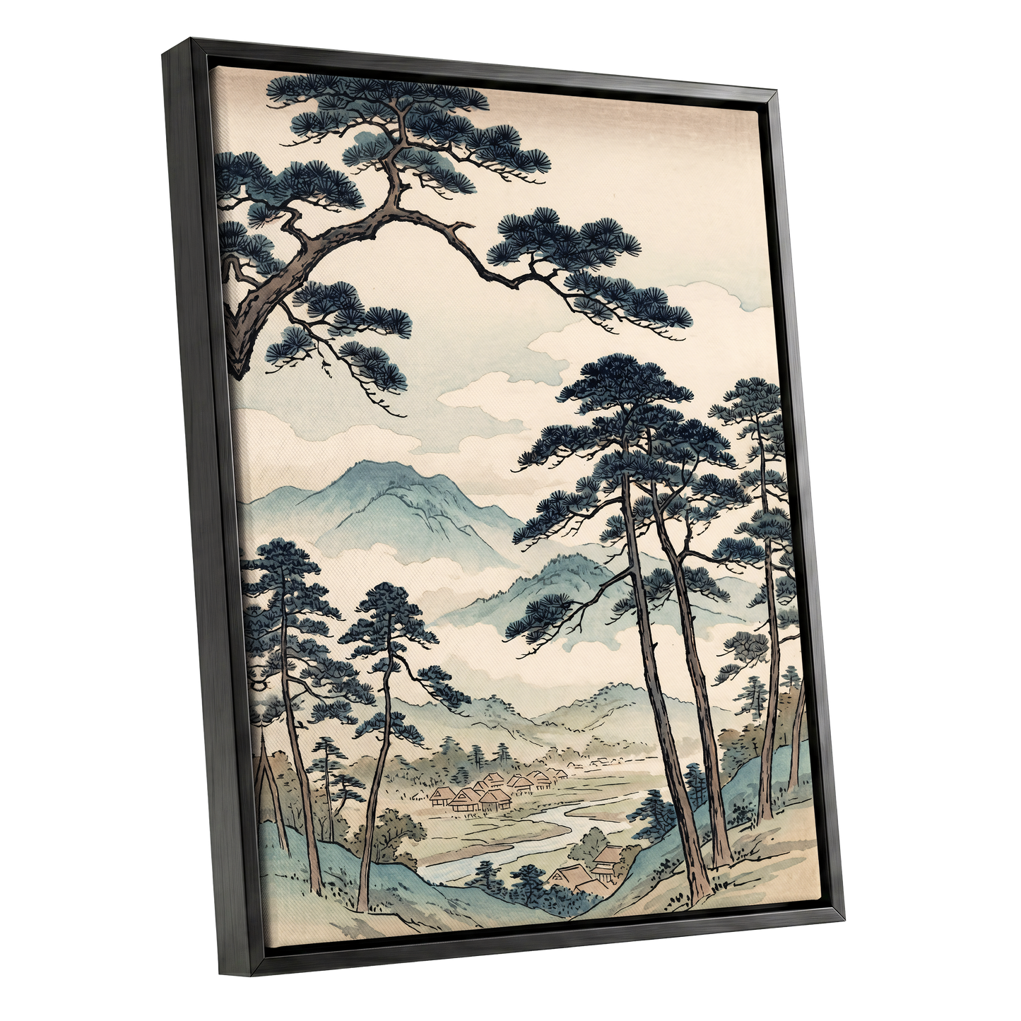 Mountain Hamlet Hush, blue, beige, black nature wall art shown as a black framed canvas wall art