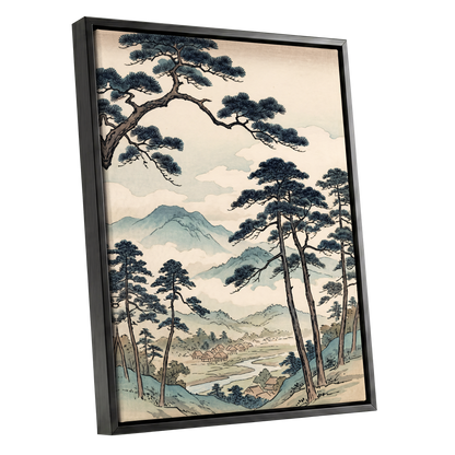 Mountain Hamlet Hush, blue, beige, black nature wall art shown as a black framed canvas wall art