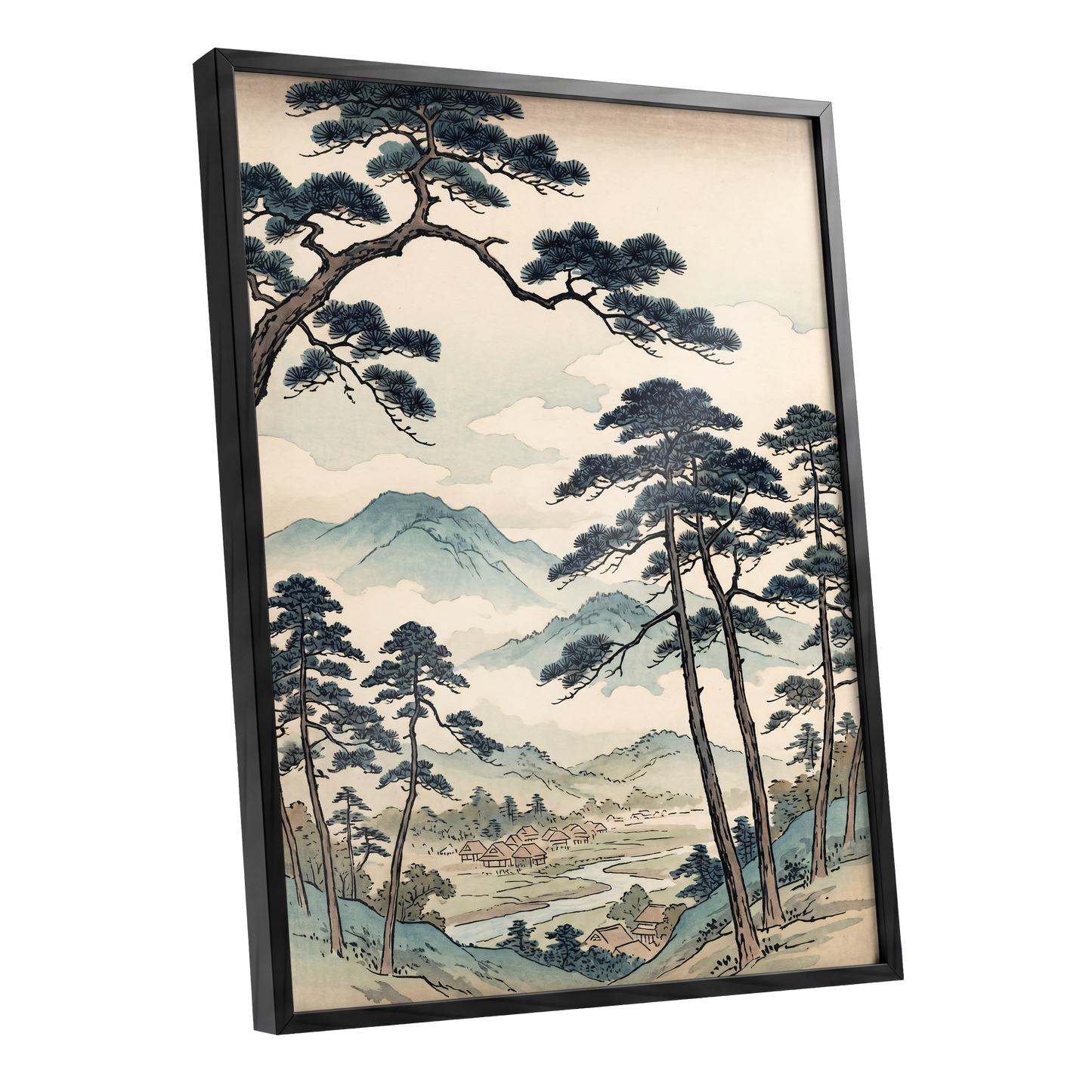 Mountain Hamlet Hush, blue, beige, black nature wall art shown as a black framed poster wall art print