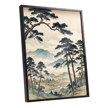 Mountain Hamlet Hush, blue, beige, black nature wall art shown as a black framed poster wall art print