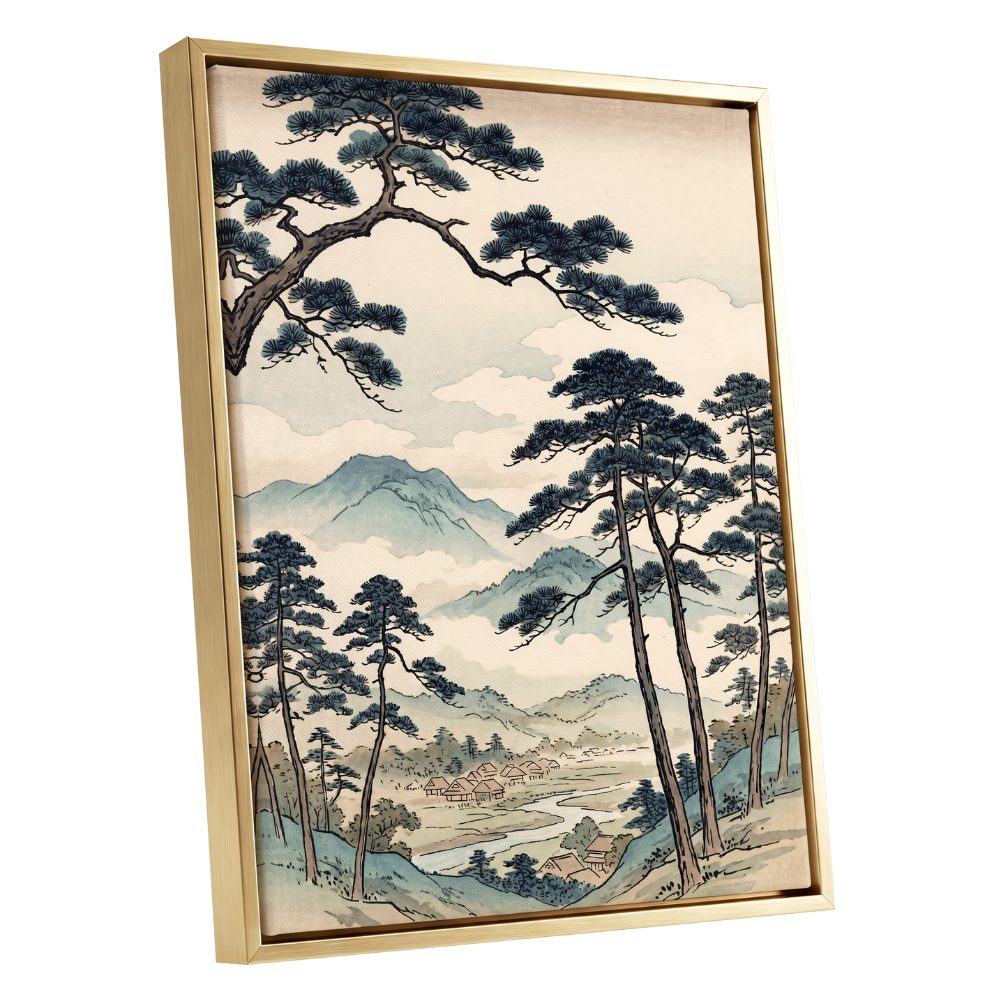 Mountain Hamlet Hush, blue, beige, black nature wall art shown as a gold framed canvas wall art