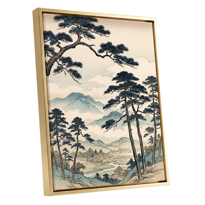 Mountain Hamlet Hush, blue, beige, black nature wall art shown as a gold framed canvas wall art
