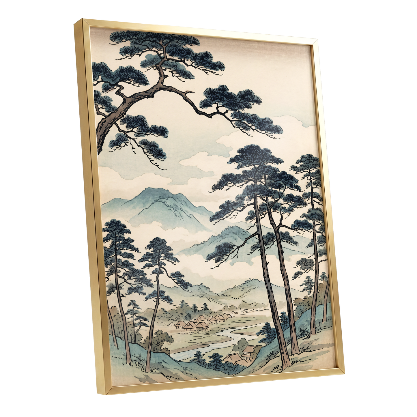 Mountain Hamlet Hush, blue, beige, black nature wall art shown as a gold framed poster wall art print