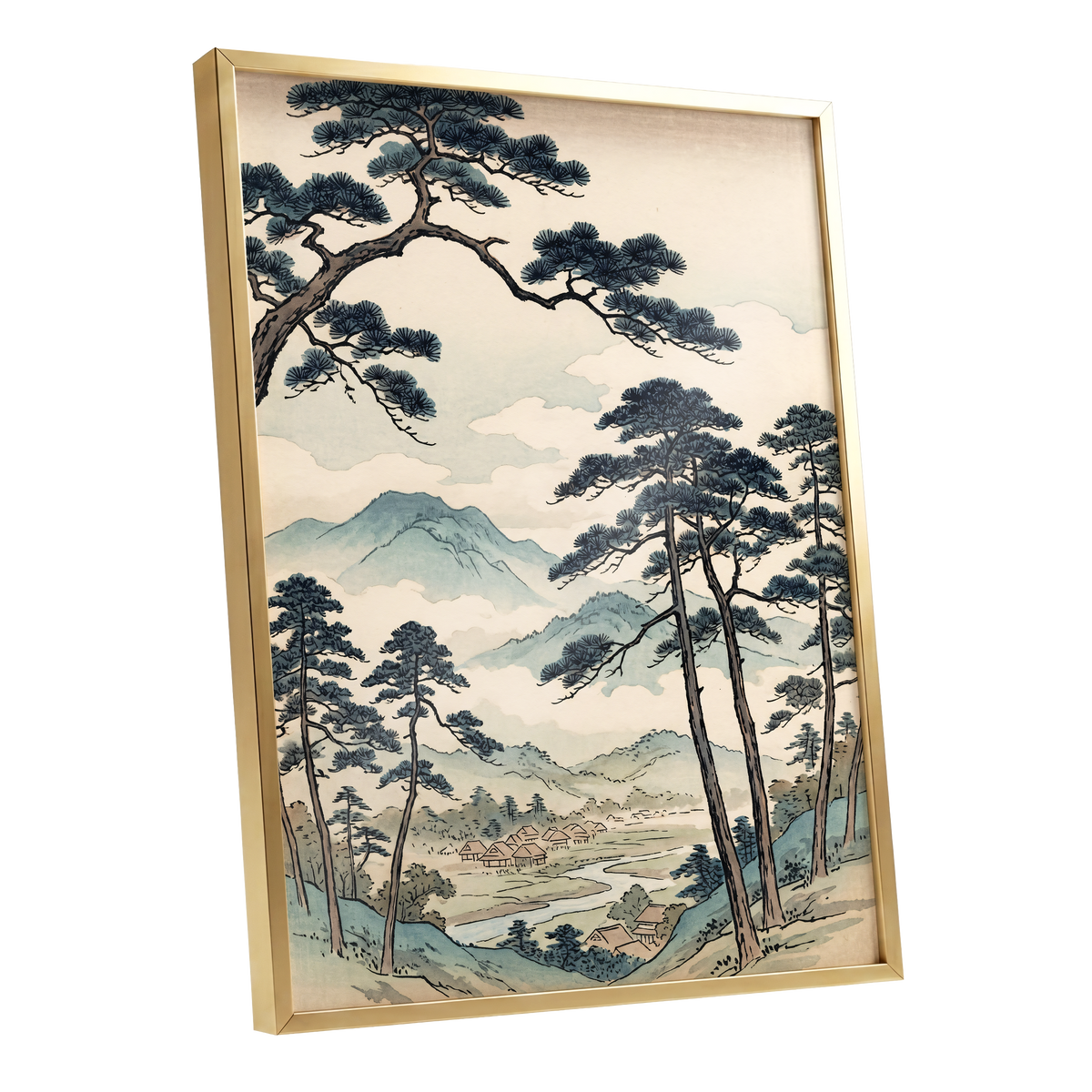 Mountain Hamlet Hush, blue, beige, black nature wall art shown as a gold framed poster wall art print
