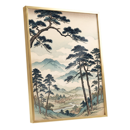 Mountain Hamlet Hush, blue, beige, black nature wall art shown as a gold framed poster wall art print