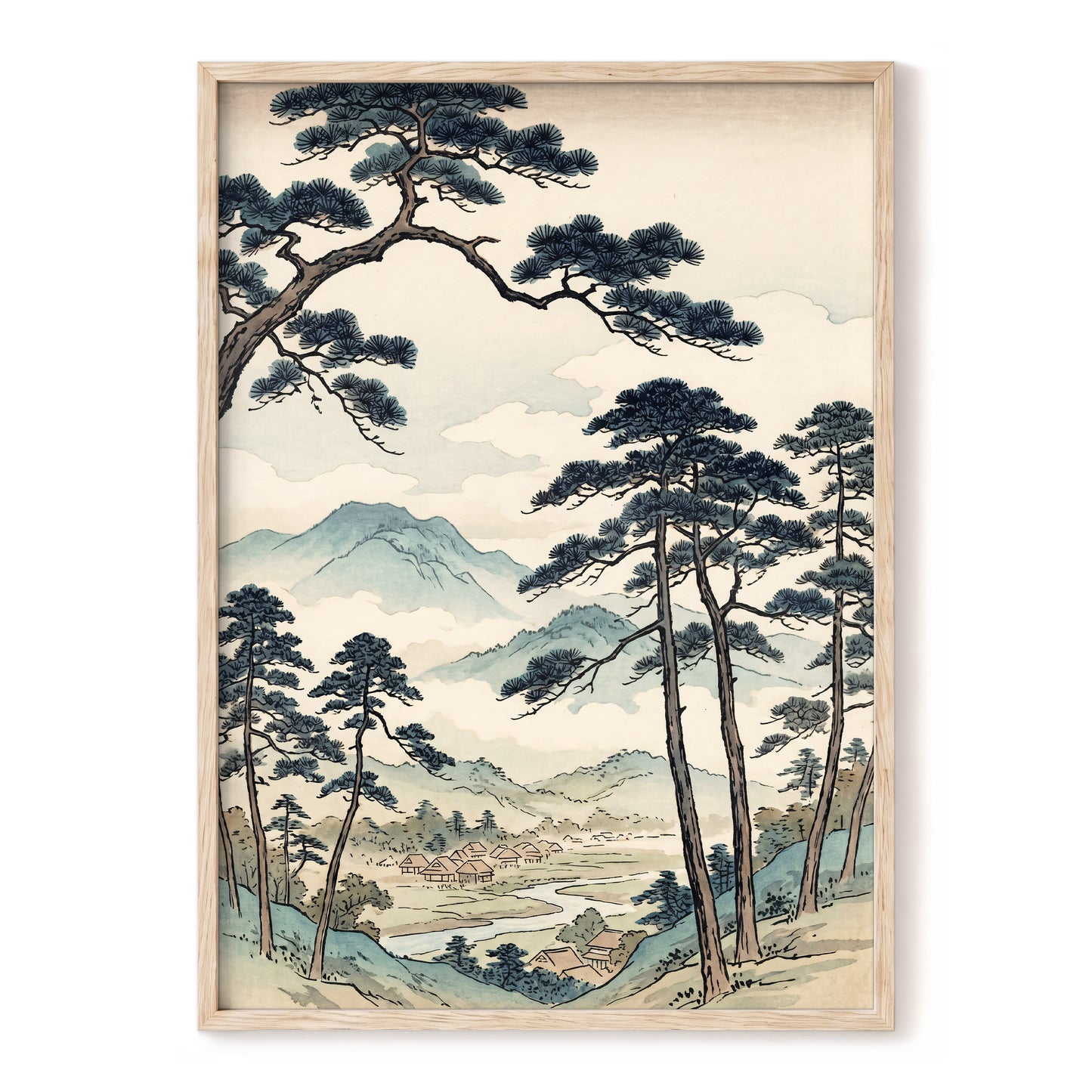 Mountain Hamlet Hush, blue, beige, black nature wall art, front artwork view