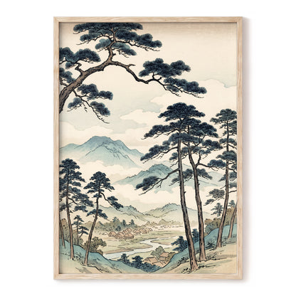 Mountain Hamlet Hush, blue, beige, black nature wall art, front artwork view