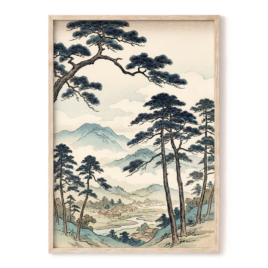 Mountain Hamlet Hush, blue, beige, black nature wall art, front artwork view