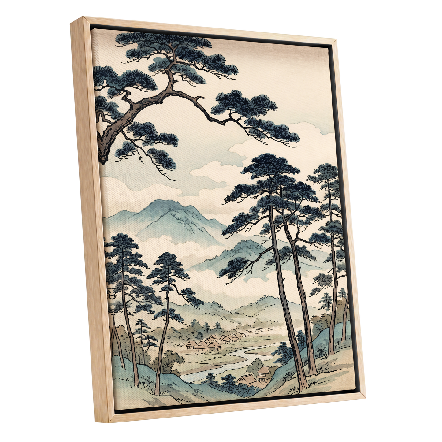 Mountain Hamlet Hush, blue, beige, black nature wall art shown as a oak framed canvas wall art