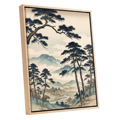 Mountain Hamlet Hush, blue, beige, black nature wall art shown as a oak framed canvas wall art