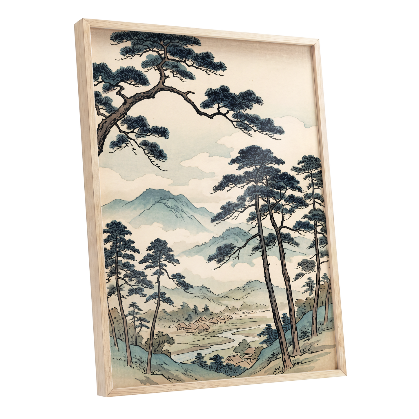 Mountain Hamlet Hush, blue, beige, black nature wall art shown as a oak framed poster wall art print