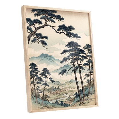 Mountain Hamlet Hush, blue, beige, black nature wall art shown as a oak framed poster wall art print