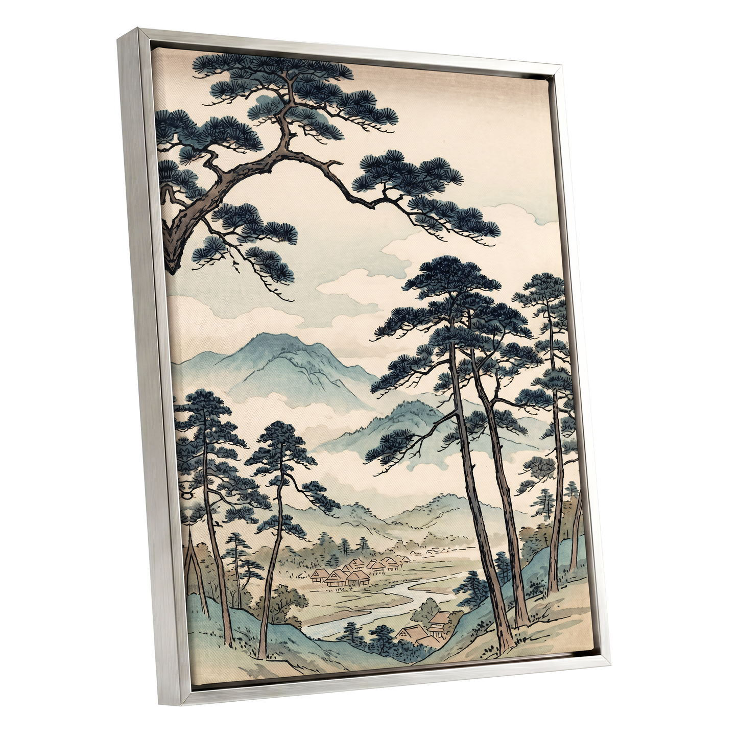 Mountain Hamlet Hush, blue, beige, black nature wall art shown as a silver framed canvas wall art
