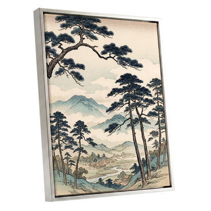 Mountain Hamlet Hush, blue, beige, black nature wall art shown as a silver framed canvas wall art
