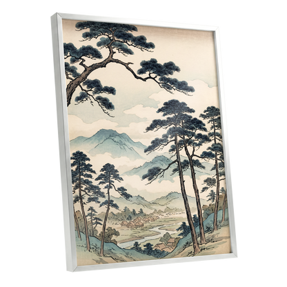 Mountain Hamlet Hush, blue, beige, black nature wall art shown as a silver framed poster wall art print