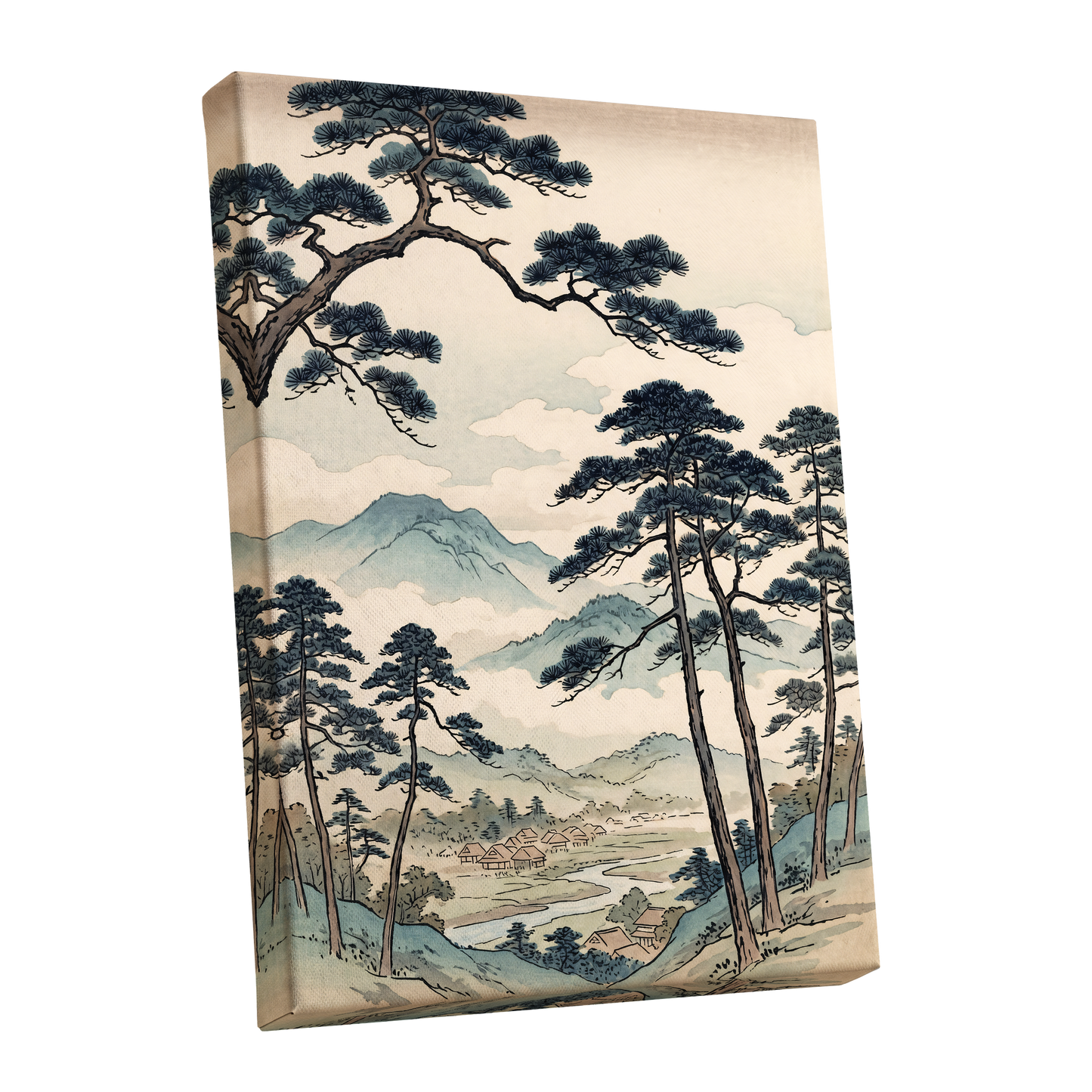 Mountain Hamlet Hush, blue, beige, black nature wall art shown as a stretched canvas wall art