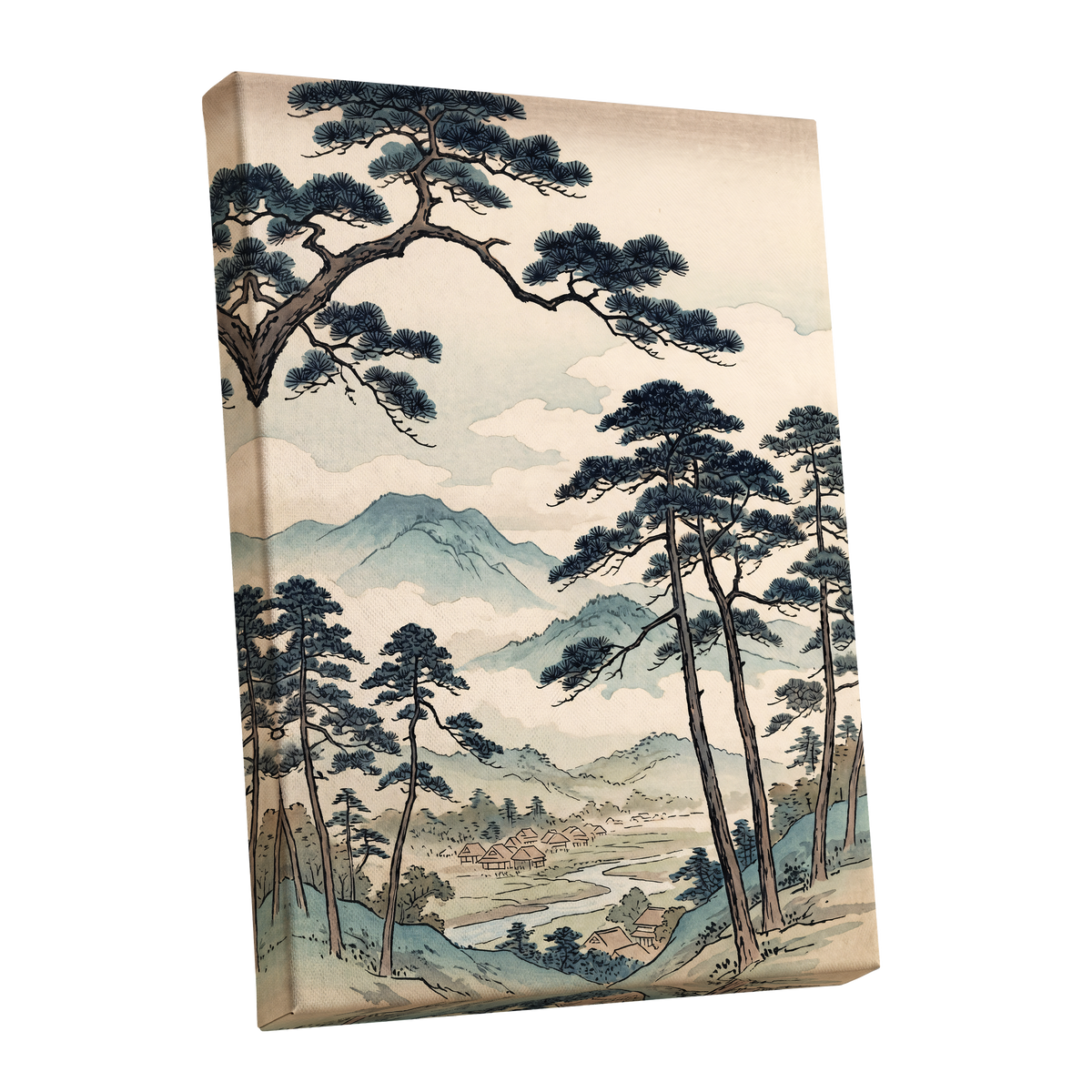 Mountain Hamlet Hush, blue, beige, black nature wall art shown as a stretched canvas wall art