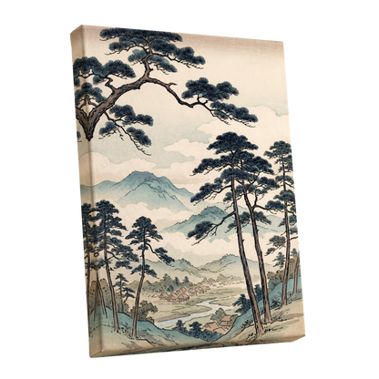 Mountain Hamlet Hush, blue, beige, black nature wall art shown as a stretched canvas wall art