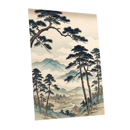 Mountain Hamlet Hush, blue, beige, black nature wall art shown as a unframed poster wall art print