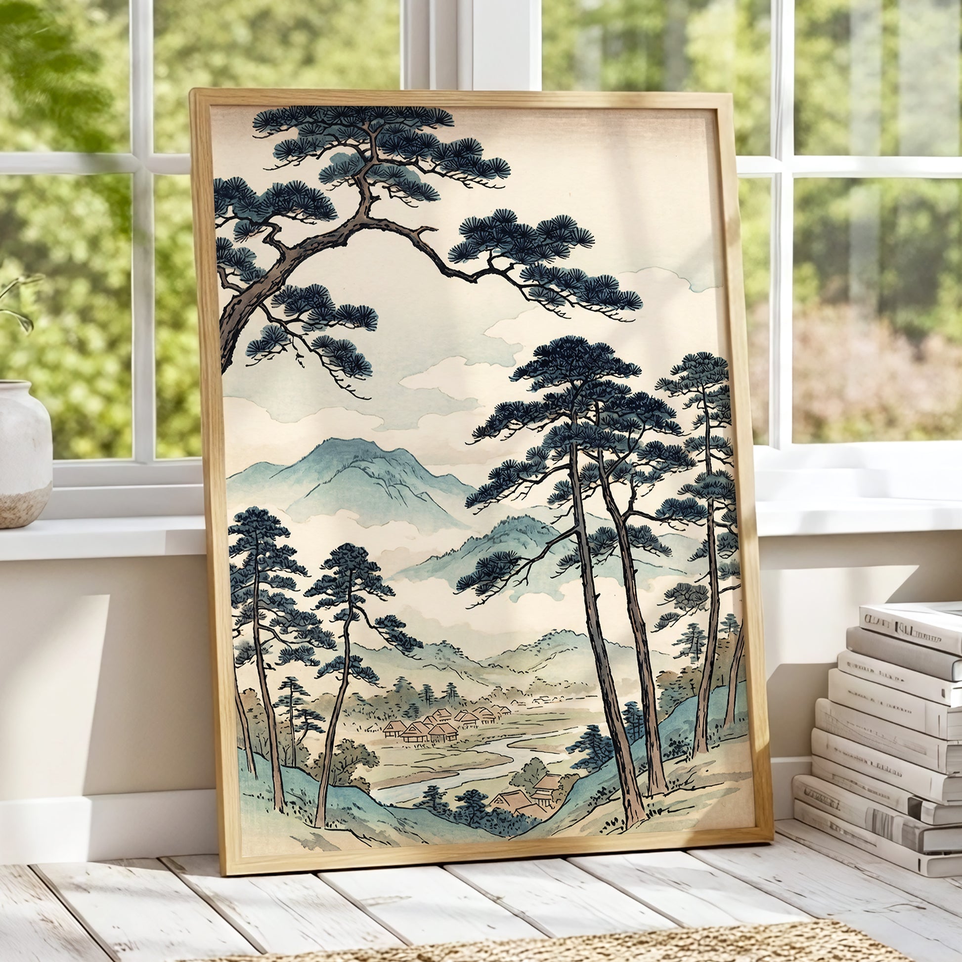 Mountain Hamlet Hush, blue, beige, black nature wall art displayed in a styled interior, gallery view 2