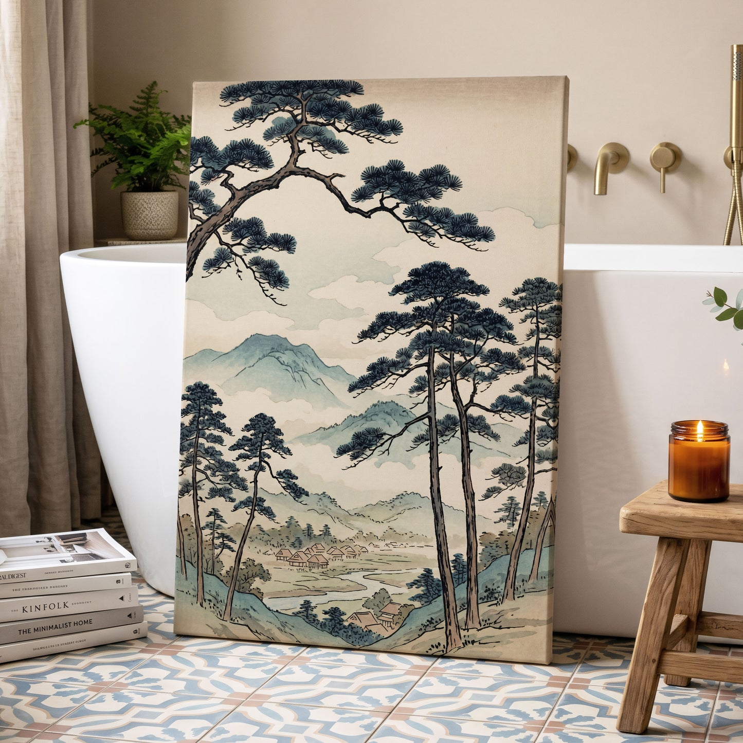Mountain Hamlet Hush, blue, beige, black nature wall art displayed in a styled interior, gallery view 3