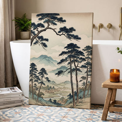 Mountain Hamlet Hush, blue, beige, black nature wall art displayed in a styled interior, gallery view 3