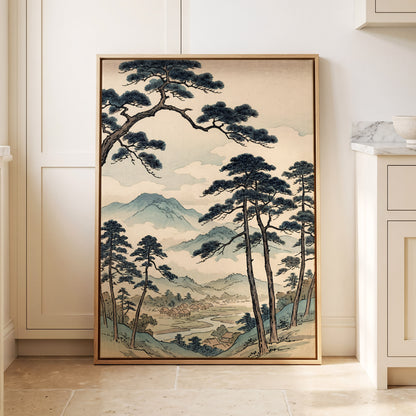 Mountain Hamlet Hush, blue, beige, black nature wall art displayed in a styled interior, gallery view 4
