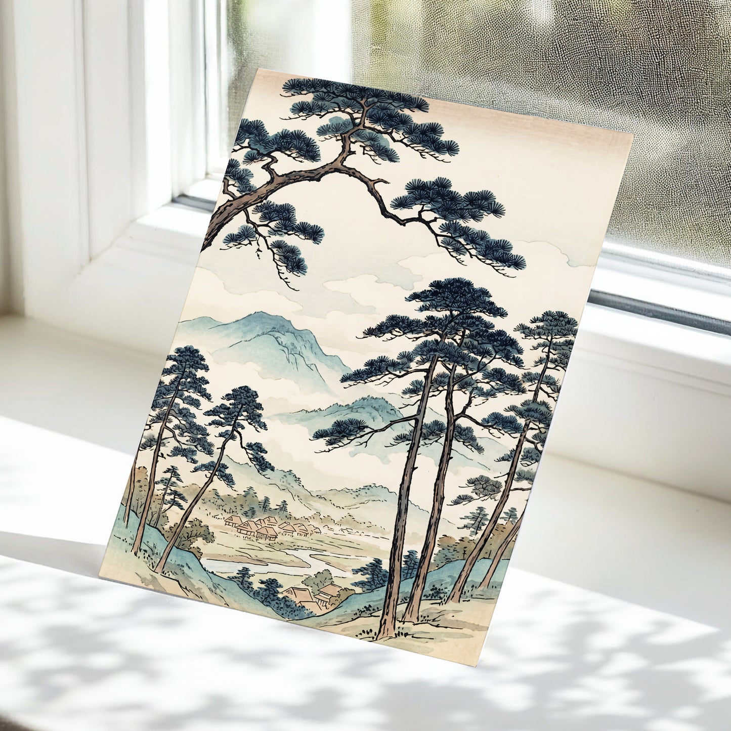 Mountain Hamlet Hush, blue, beige, black nature wall art displayed in a styled interior, gallery view 5