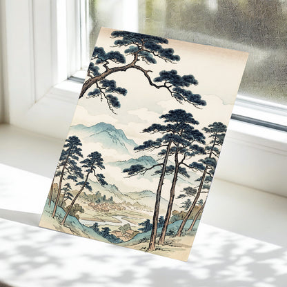 Mountain Hamlet Hush, blue, beige, black nature wall art displayed in a styled interior, gallery view 5