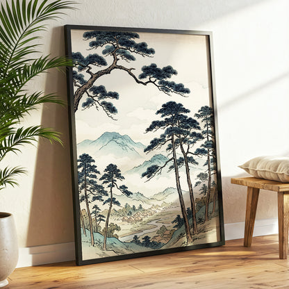 Mountain Hamlet Hush, blue, beige, black nature wall art displayed in a styled interior, gallery view 6