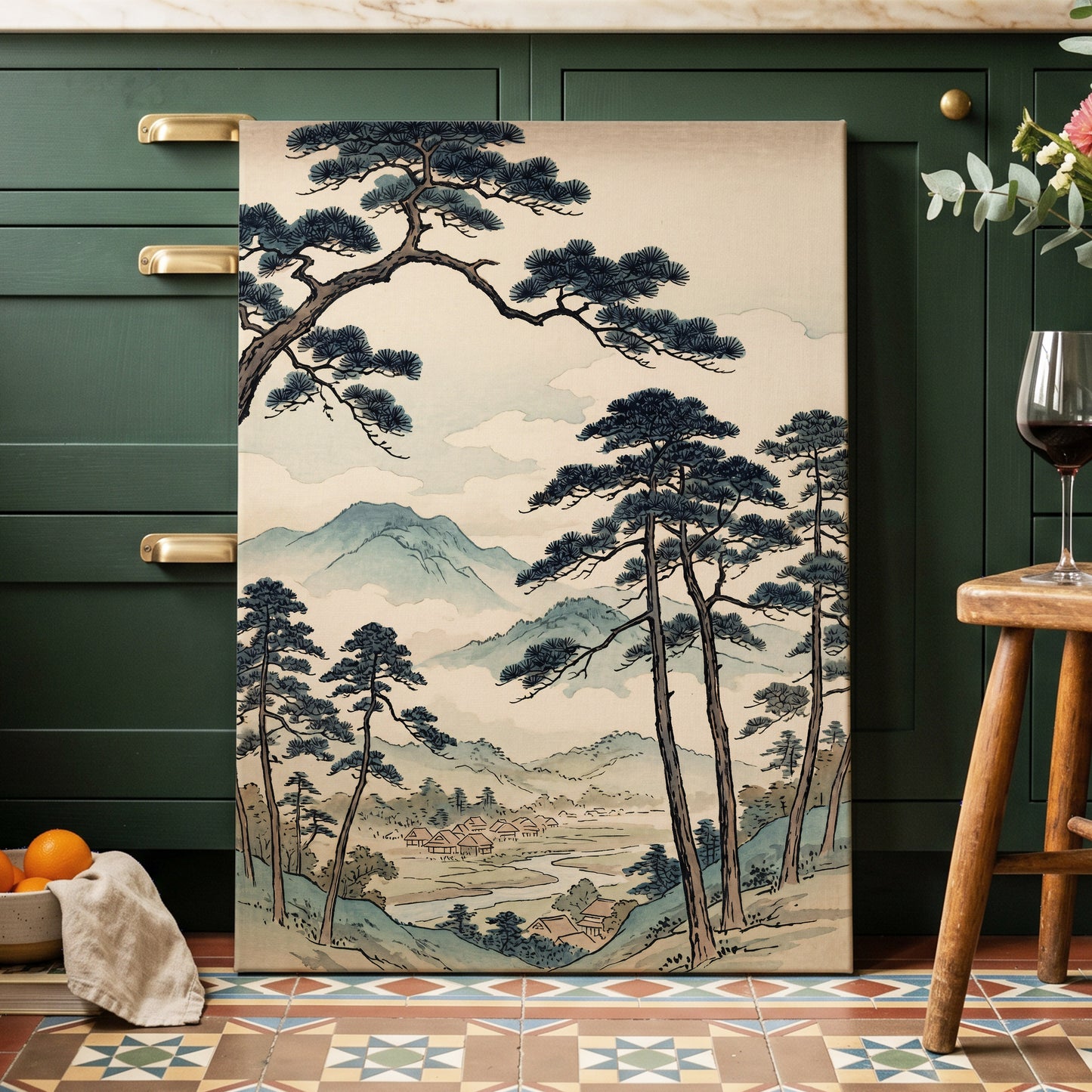 Mountain Hamlet Hush, blue, beige, black nature wall art displayed in a styled interior, gallery view 7