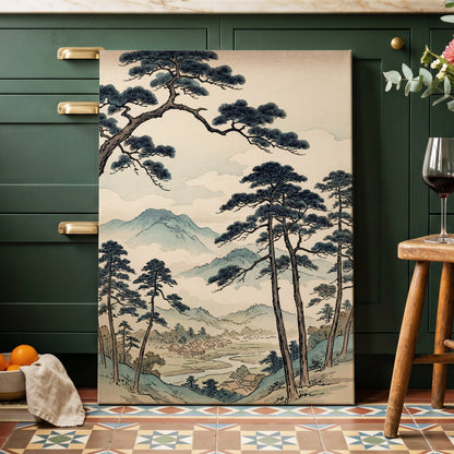 Mountain Hamlet Hush, blue, beige, black nature wall art displayed in a styled interior, gallery view 7