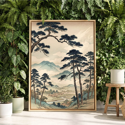 Mountain Hamlet Hush, blue, beige, black nature wall art displayed in a styled interior, gallery view 8