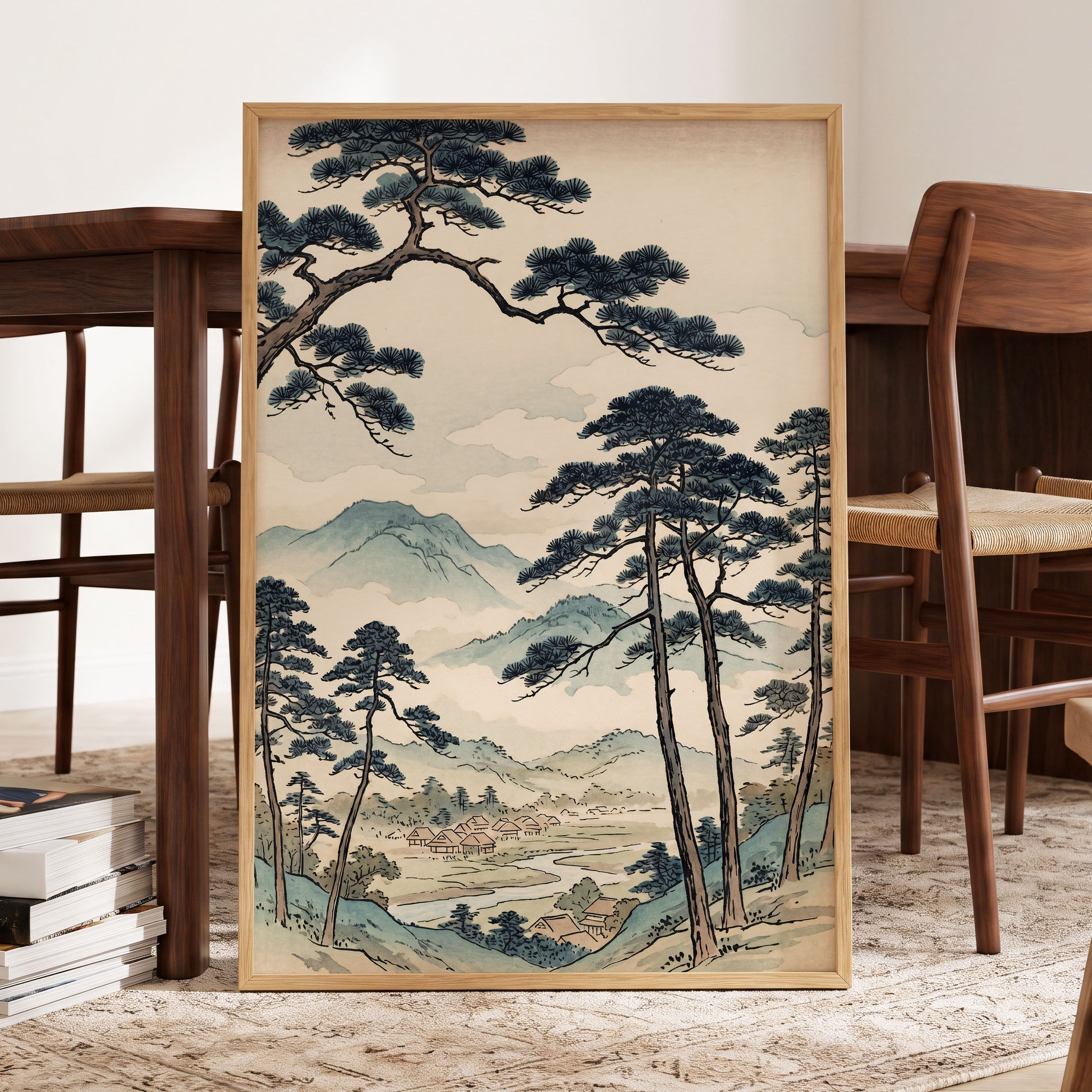 Mountain Hamlet Hush, blue, beige, black nature wall art displayed in a styled interior, gallery view 9