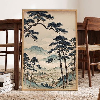 Mountain Hamlet Hush, blue, beige, black nature wall art displayed in a styled interior, gallery view 9