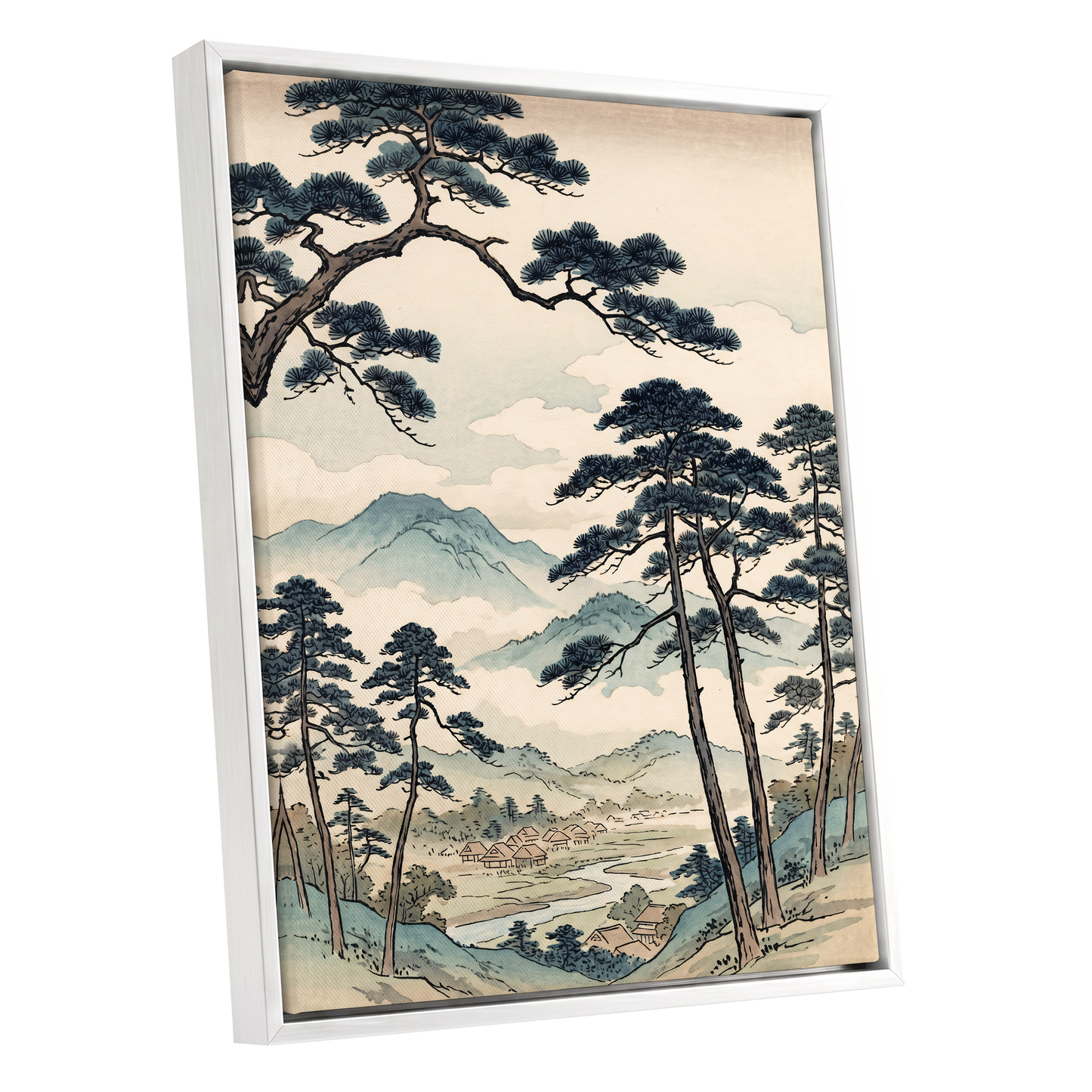 Mountain Hamlet Hush, blue, beige, black nature wall art shown as a white framed canvas wall art